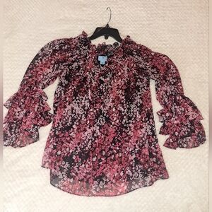 CeCe Pink and Black Floral Womens Blouse